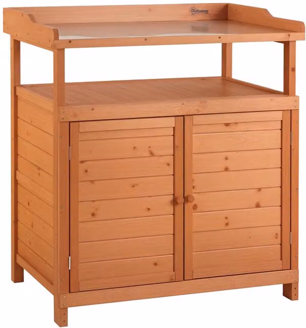 Outsunny 2-in-1 Potting Bench Table with Storage Cabinet and Galvanised Steel Top, Orange – 2