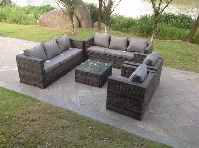 Fimous 8 Seater Outdoor Rattan Garden Furniture Lounge Sofa Chair and Table Set in Dark Grey