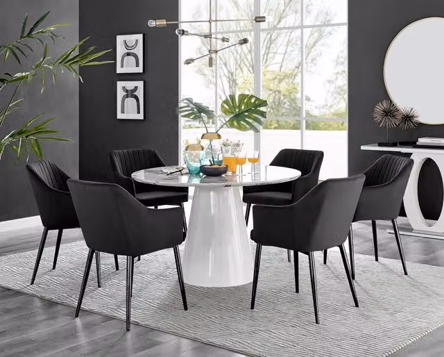 Furniturebox Palma White Marble Effect Round Dining Table and 6 Calla Black Leg Chairs Set