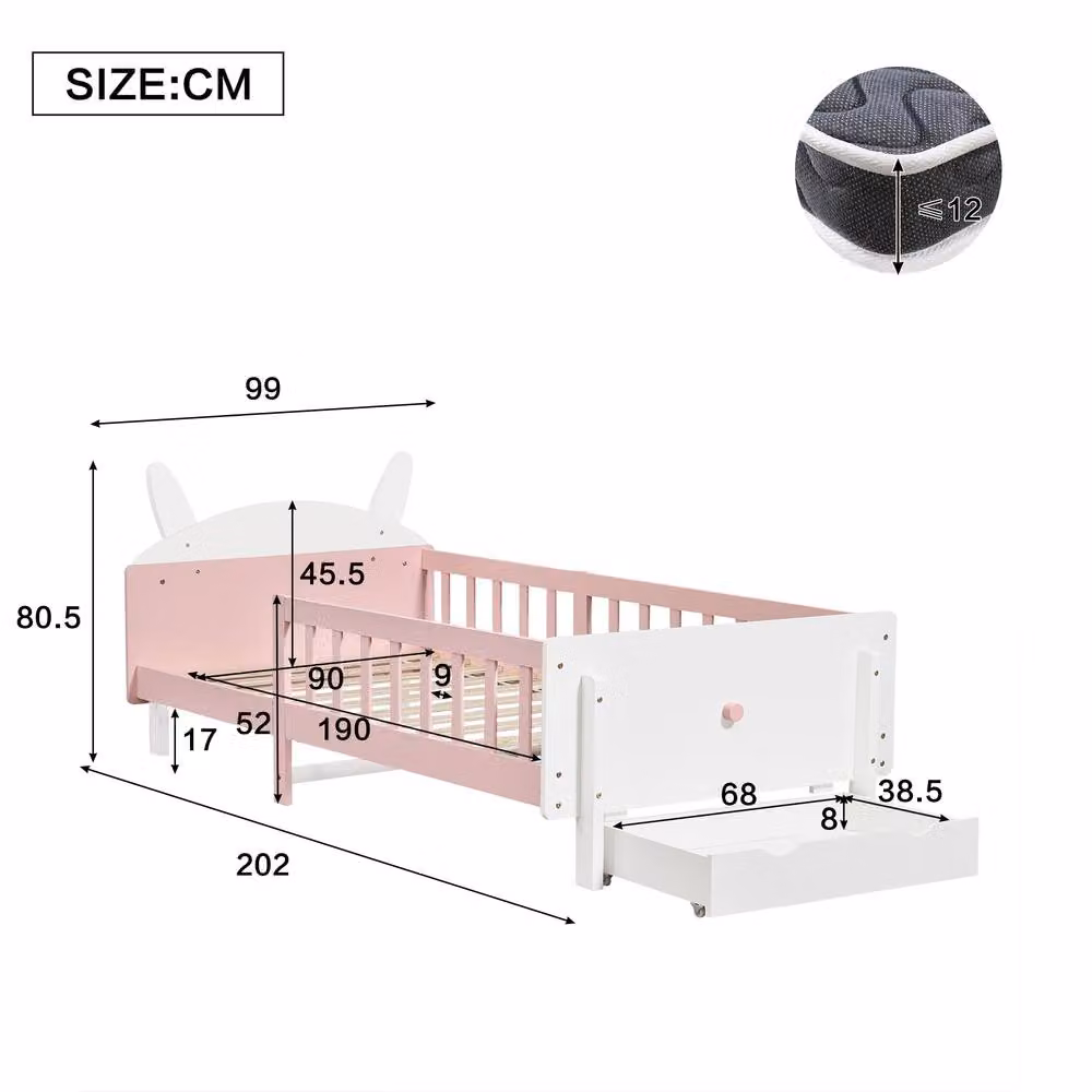 Merax Bunny Ears Childrens Wooden Bed Frame with Drawer, White and Pink, W/D/H: 90 x 190 cm – 2