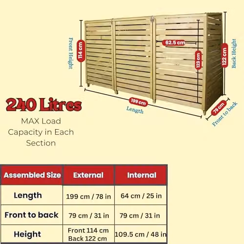 Samuel Alexander Brown Wooden Triple Wheelie Bin Store for 3 Bins, W: 122 cm, H: 199 cm, D: 79 cm – 2
