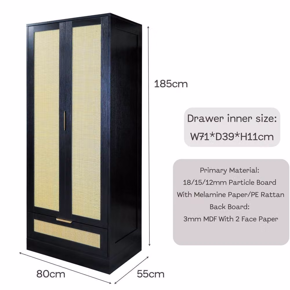FURNITURE ONE Black 2-Door Rattan Wardrobe Closet with Drawer, H 185 x W 80 x D 55 cm – 4