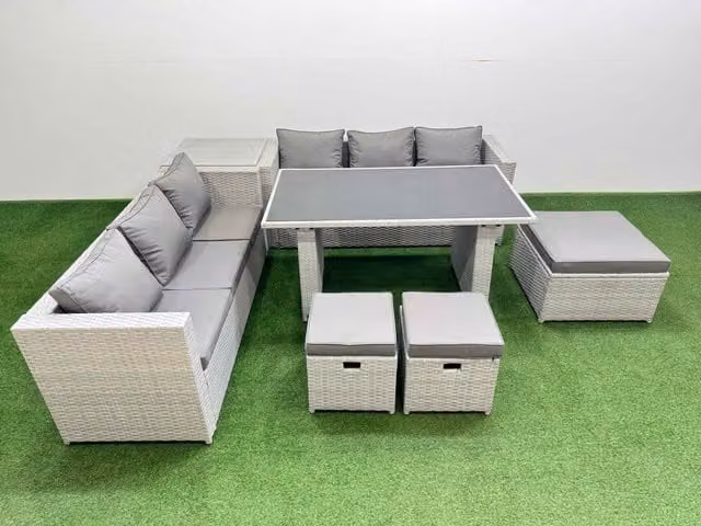 Fimous 9-Seater Patio Rectangular Table Sofa Set with Side Table and 3 Stools in Light Grey