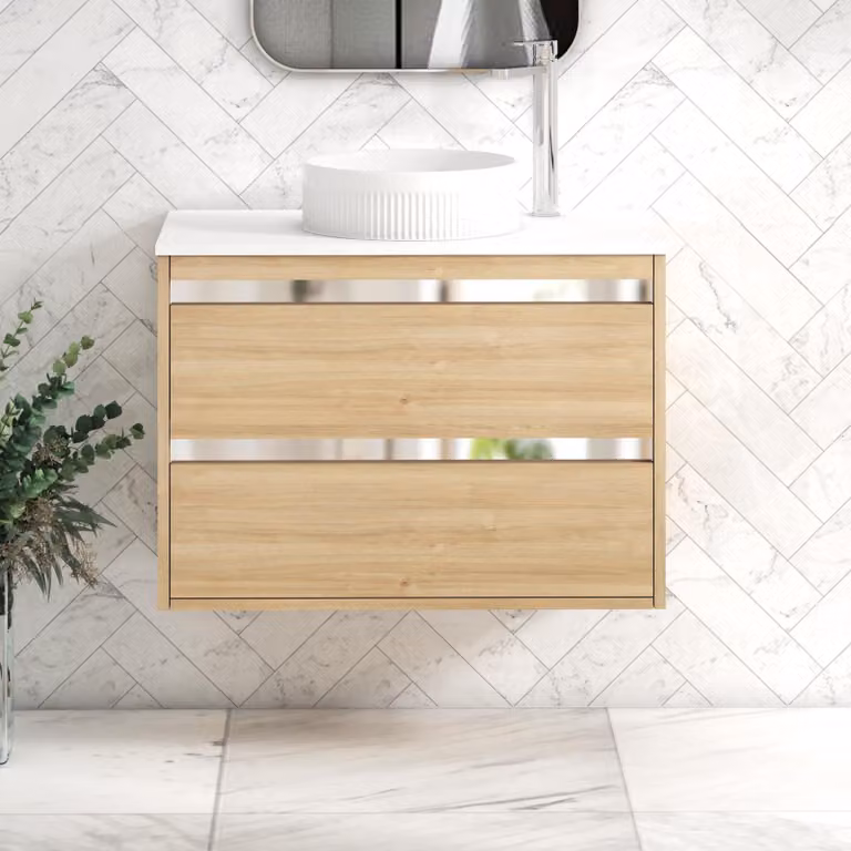 Royal Bathrooms Orion 800mm Wall Hung Vanity Unit in Natural Oak and White with 2 Drawers and Round Basin