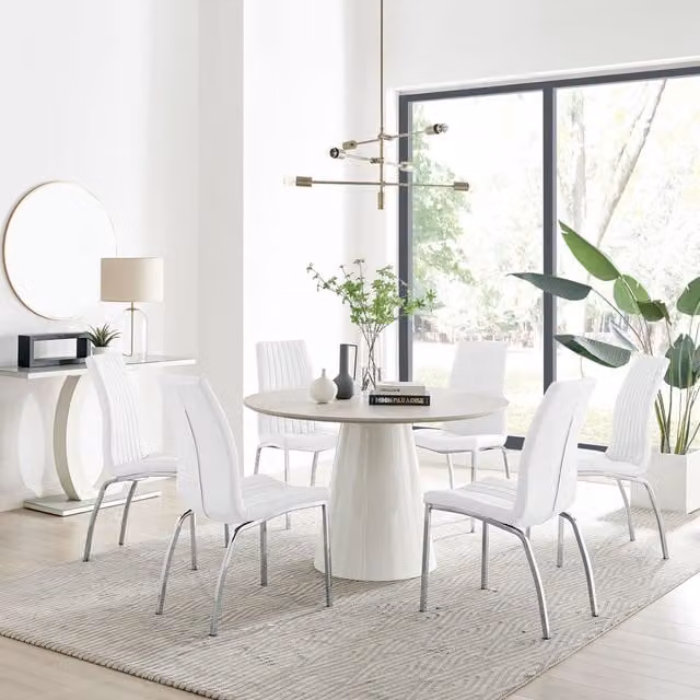 FurnitureboxUK Palma Beige Stone Effect Round Dining Table and 6 Isco Chairs in White