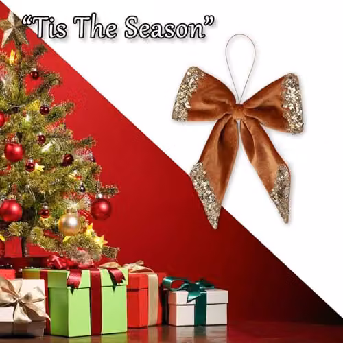 VFM e-Store Christmas Velvet Bow Hanging Decoration, Gold and Brown, W: 22 cm, H: 21 cm – 5