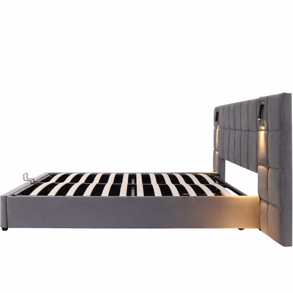 BTM Grey Velvet Double Bed with Hydraulic Storage, USB Charging Port and Integrated Reading Light – 4