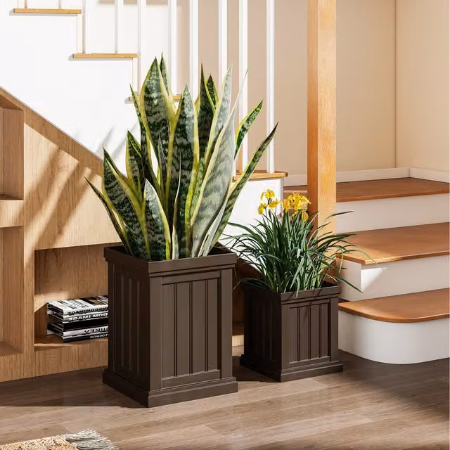Costway Set of 2 Square Plastic Planter Pots in Brown