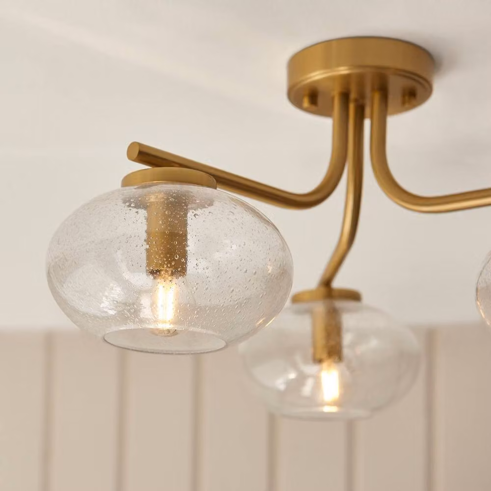 Netlighting Jacob Semi Flush Ceiling Lamp in Warm Brass with 3x E14 Transparent Bubble Glass Spheres – 2