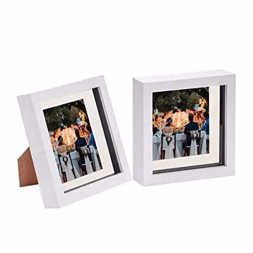 Nicola Spring 2 Piece White 3D Shadow Box Square Photo Frame Set with Glass Aperture – 1