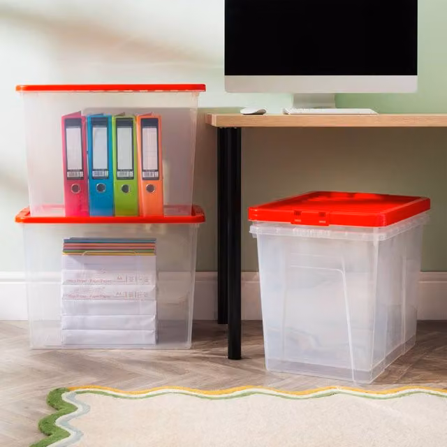 Wham Crystal 80L Stackable Plastic Storage Boxes with Red Lids, Pack of 4, Transparent