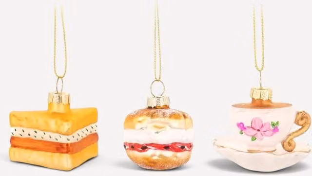Sass & Belle Set of 3 Hand-Painted Glass Afternoon Tea Christmas Tree Bauble Decorations in Gold and Multicolour