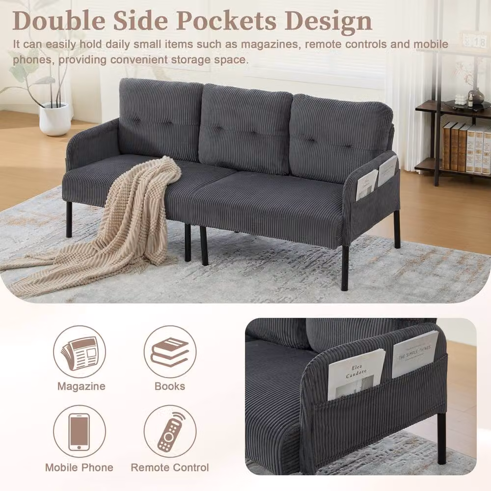 HomeTouch Modern 3 Seater Click Clack Sofa in Grey with Side Pockets and Armrests, W: 171 cm, D: 80 cm, H: 57 cm – 3