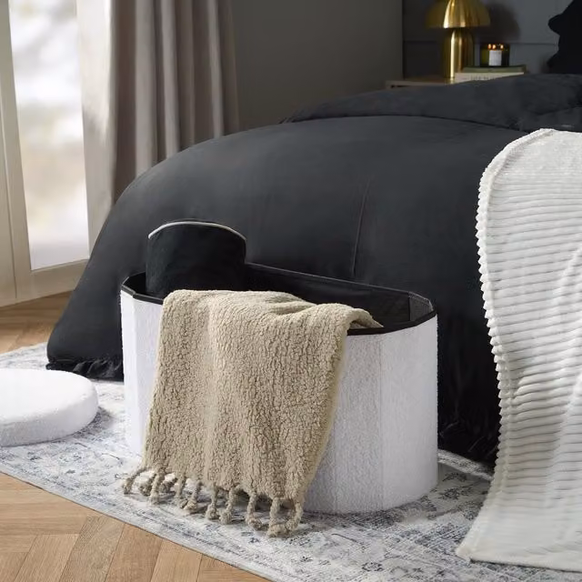 OHS White Bouclé Foldable Storage Ottoman