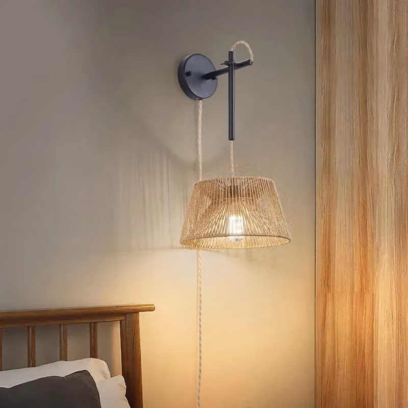Garwarm Brown Rattan Adjustable Plug-in Swing Arm Wall Sconce – 2