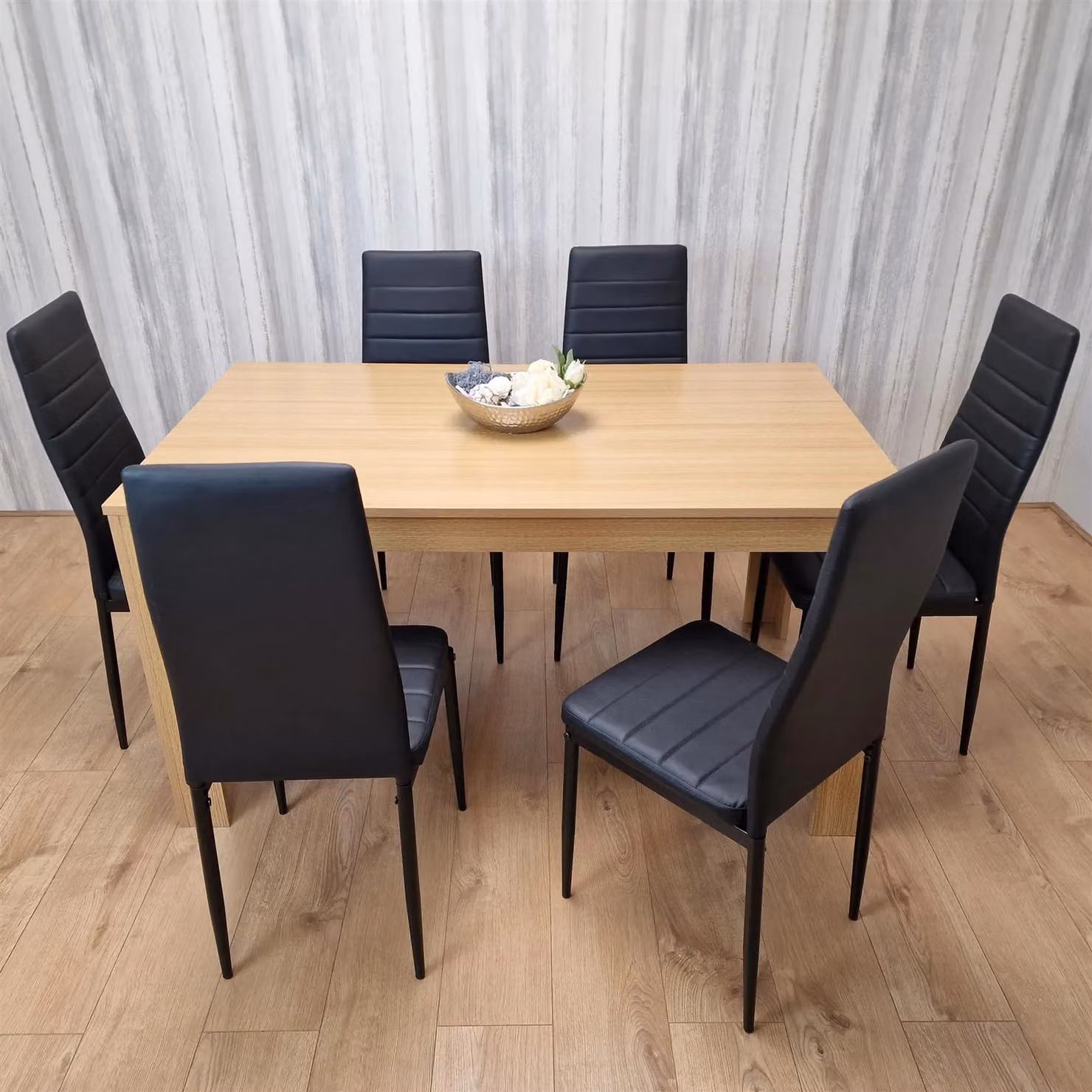 Kosy Koala Oak Effect Dining Table Set with 6 Black Faux Leather Chairs in Brown – 4