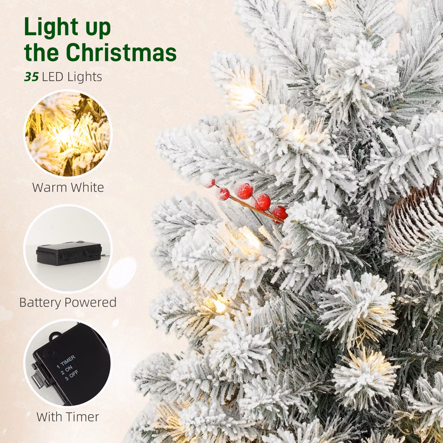 HOMCOM Green Snow Flocked Tabletop Mini Christmas Tree with 35 LED Lights and Linen Cover Base, 60 cm – 4