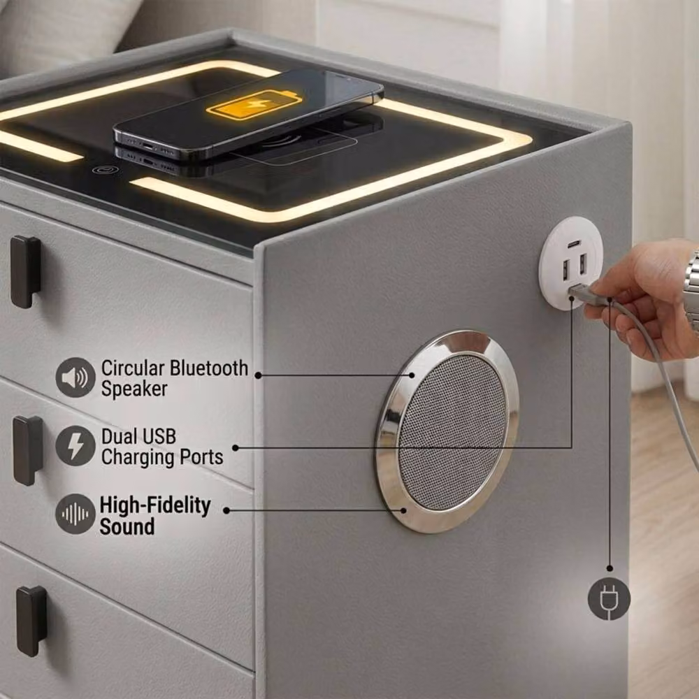 MN Furniture Bedside Table with LED Lighting, Wireless Charging, Bluetooth and 3 Drawers in Grey – 3