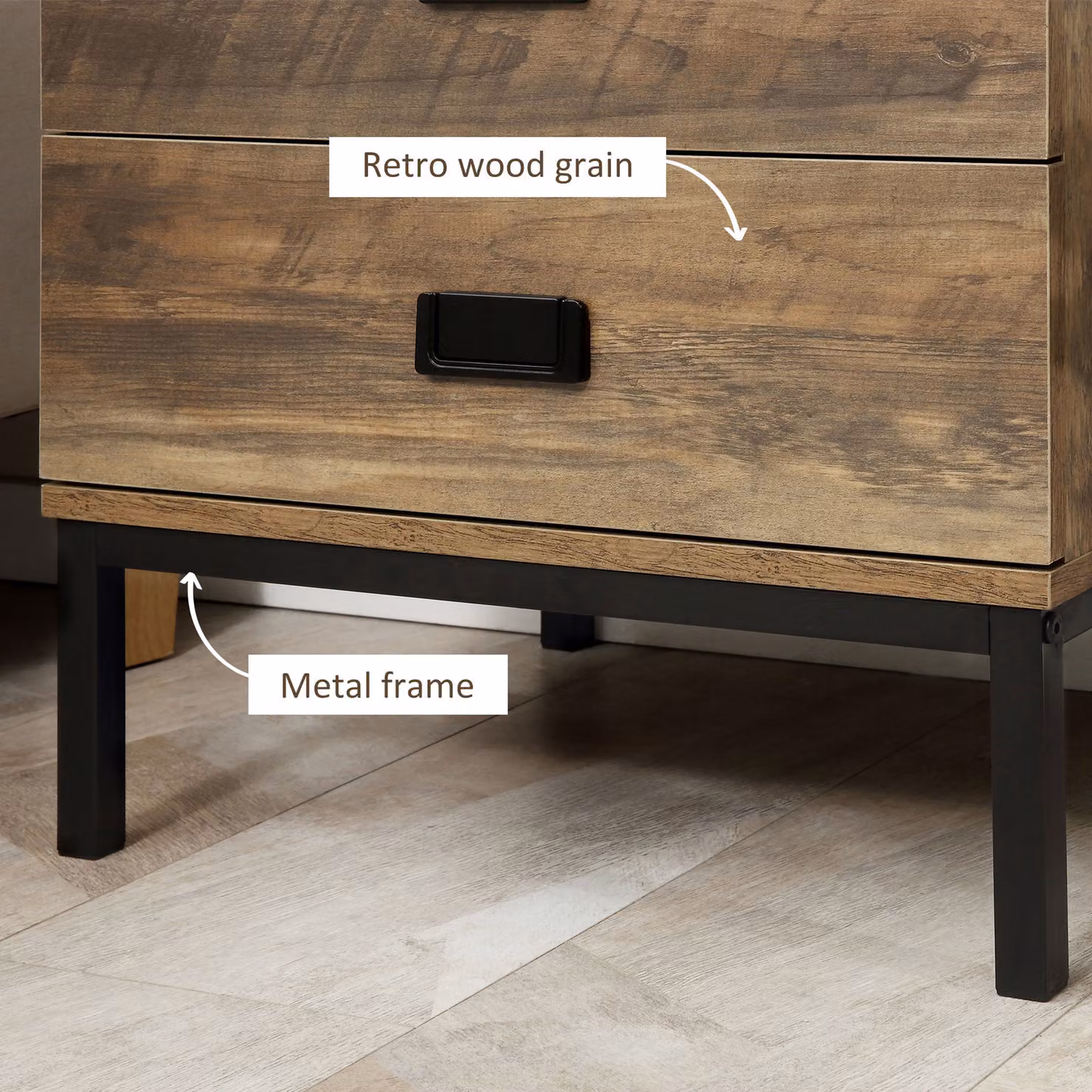 HOMCOM Set of 2 Retro Industrial Bedside Units with 2 Drawers, Metal and MDF Frame, Brown – 5
