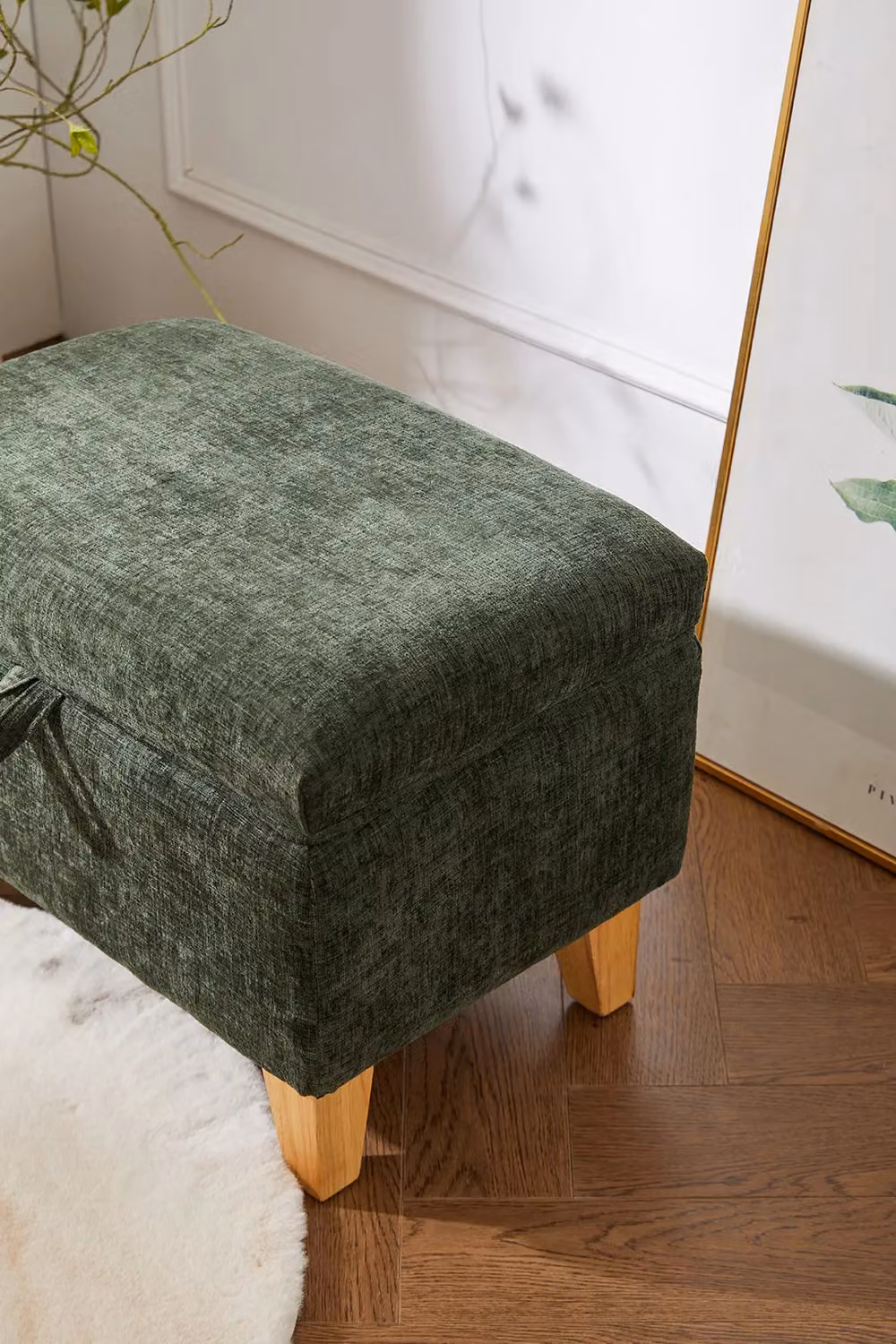 Living and Home Chenille Upholstered Storage Ottoman in Green, Small – 4