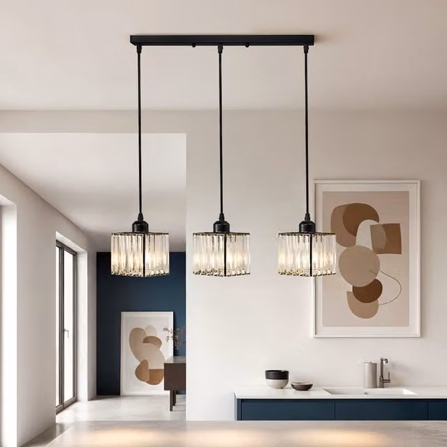 Livingandhome 3-Light Square Crystal Ceiling Chandelier in Black
