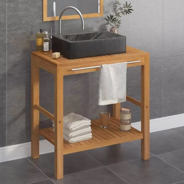 Berkfield Home Modern Freestanding Teak Bathroom Vanity Cabinet with Black Marble Sink