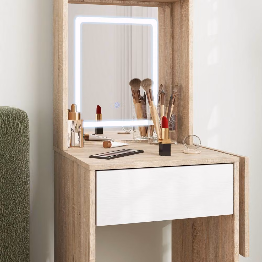 STILVORA Dressing Table with LED Mirror, Drop Leaf and Drawer in Beige – 5