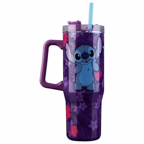 Disney Stitch Insulated Tumbler Travel Mug in Purple, 940ml Stainless Steel Water Bottle with Straw and Handle – 1