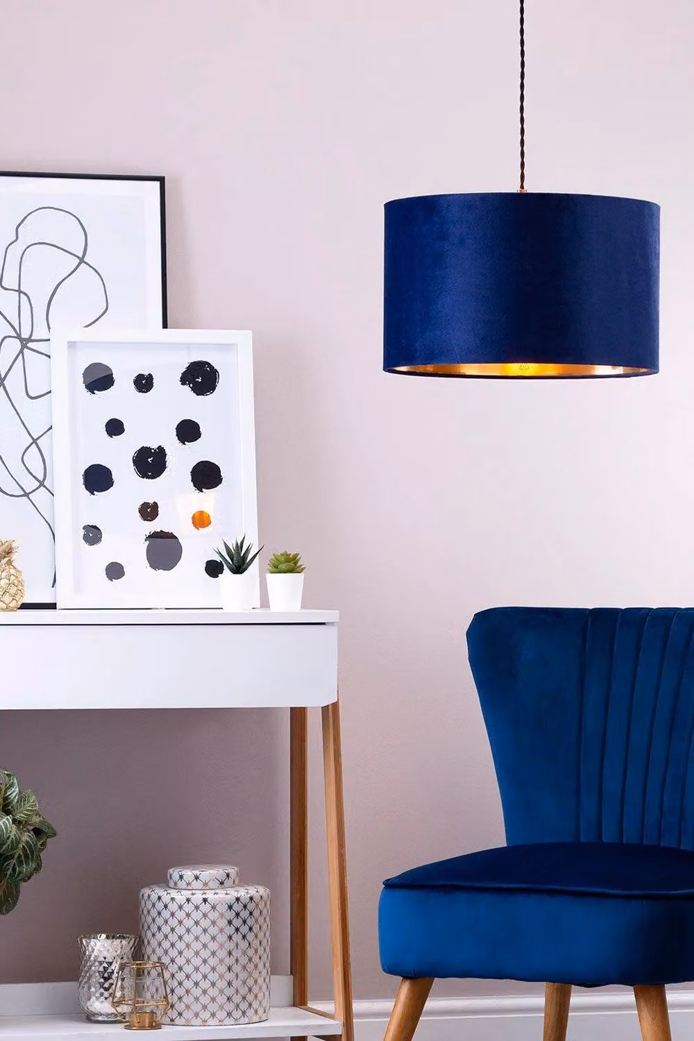BHS Lighting Large Navy Blue Velvet Cylinder Easy Fit Light Shade with Gold Brass Details – 3