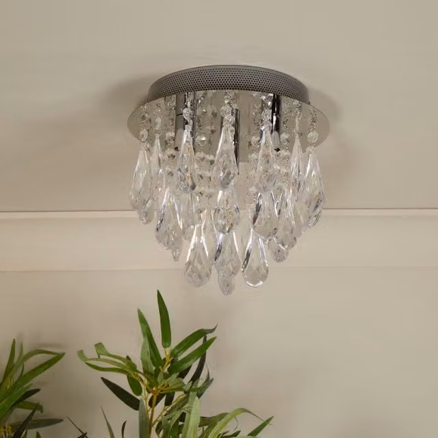 Lighting Collection Celeste Cascade 3-Light Ceiling Flush Light in Chrome with Transparent Acrylic Drops – 1