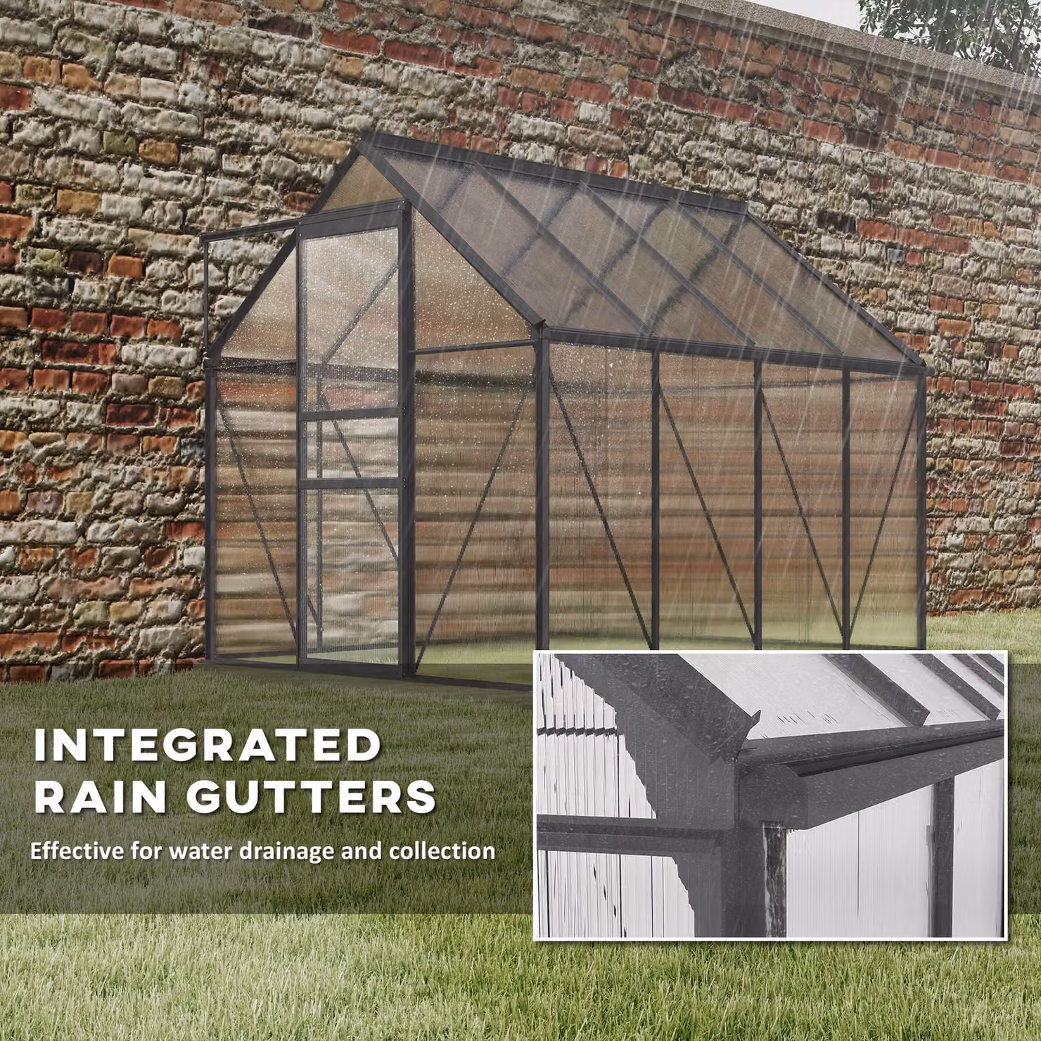 Outsunny Walk-In Polycarbonate Greenhouse with Sliding Window and Rain Gutter, Dark Grey, W: 190 cm, D: 253 cm, H: 199 cm – 5