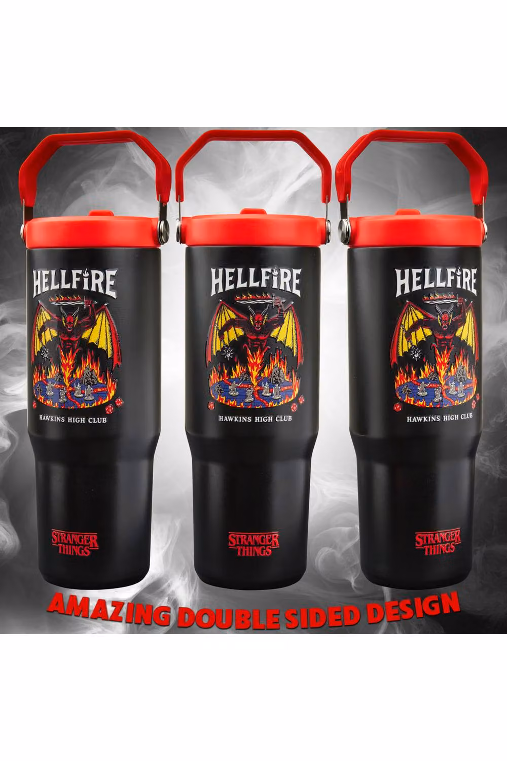 Get Trend Stranger Things Hellfire Insulated Metal Tumbler with Straw and Handle, Black/Red, 850ml – 11