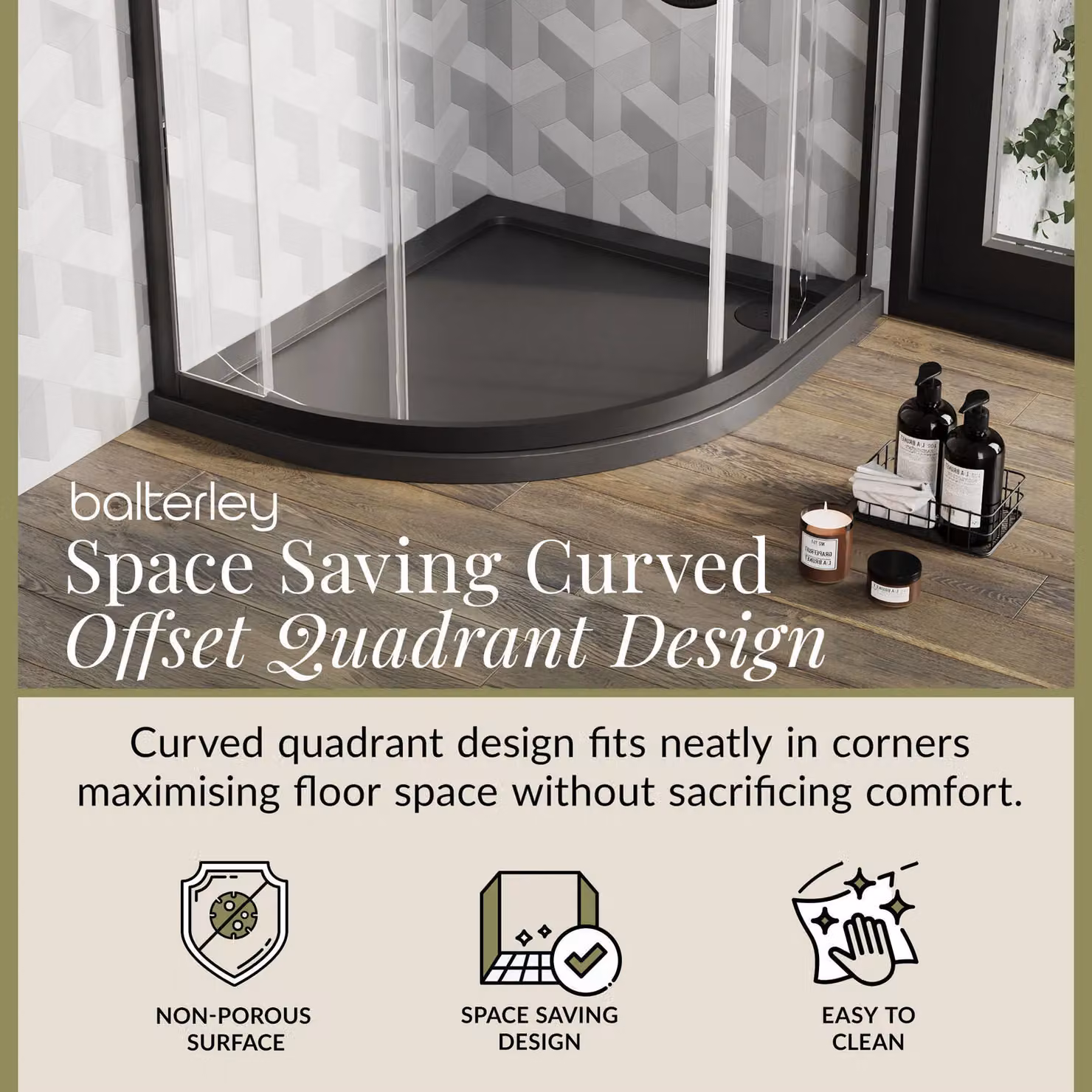 Balterley Premium Left Hand Offset Quadrant Corner Shower Tray in Grey, W/D: 90 x 76 cm, H: 4 cm – 2