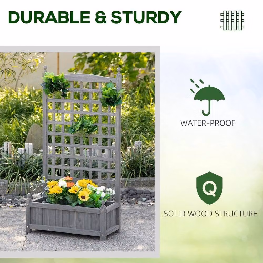 Kelvenix Wooden Raised Garden Bed with Trellis in Grey, W/D/H: 120 x 64 x 28 cm – 3