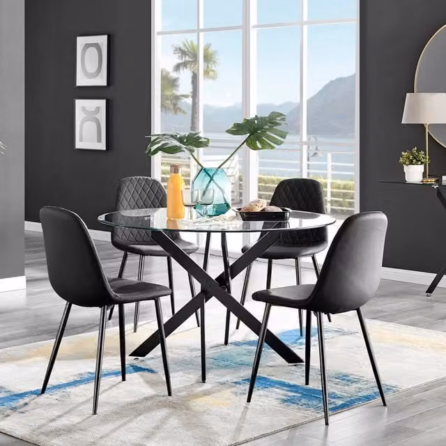 FurnitureboxUK Novara Round Glass Dining Table and 4 Corona Black Leg Chairs in Black