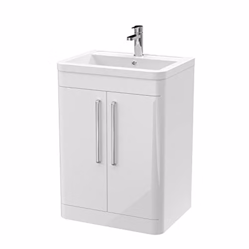 nuie Parade Modern 2 Door Bathroom Floor Standing Vanity Basin Cabinet with Ceramic Basin, Gloss White, W/D/H: 60 x 44.5 x 80 cm