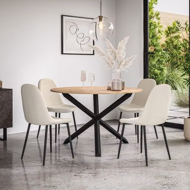 More4Homes Malvern Round Dining Table and Set of 4 Maya Boucle Dining Chairs in Ivory with Oak Top and Black Legs, Diameter: 120 cm, Height: 75 cm
