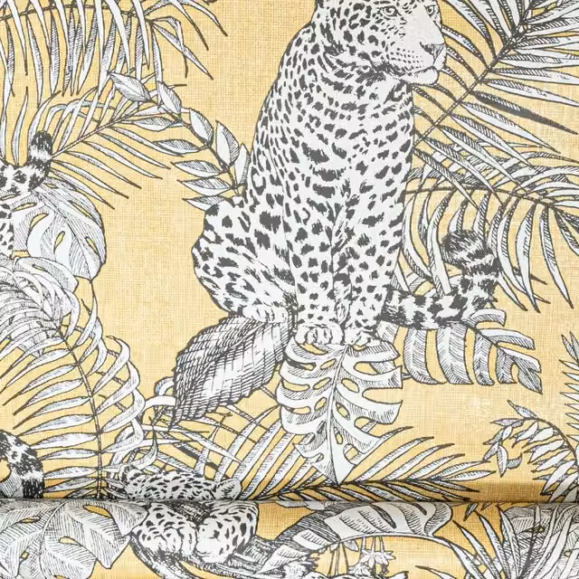 Muriva Mamboa Tropical Palm Leopard Ochre Yellow Exotic Jungle Linen Effect Wallpaper, Yellow