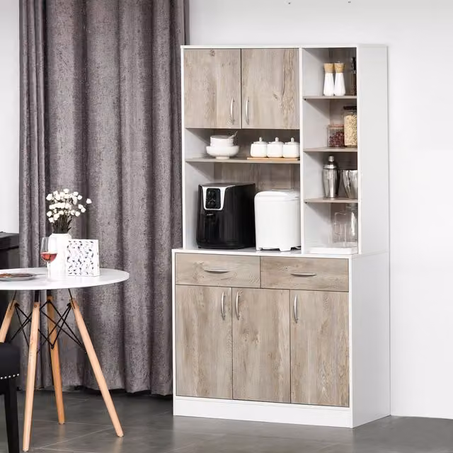 HOMCOM Modern White and Natural Wood Kitchen Cupboard Sideboard and Bookcase Storage Cabinet