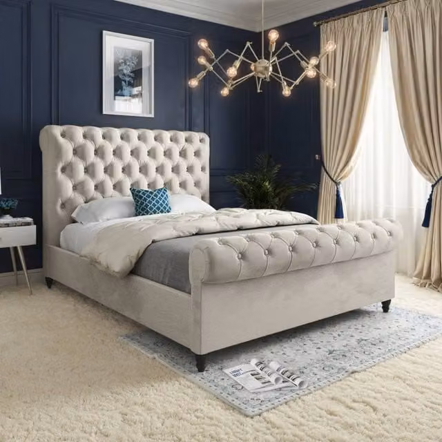 KDMD Toddington Sleigh Upholstered Designer Bed Frame in Beige Soft Velvet, Size: Double (140 x 200 cm)
