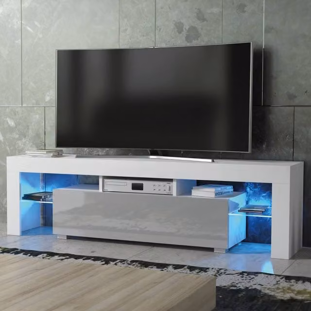 Mex Furniture LTD Aria TV Unit in White and Grey Gloss with LED Lights, W: 160 cm, D: 35 cm, H: 45 cm – 1