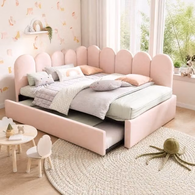 STILVORA Modern Pink Velvet Upholstered 3ft Single Bed Frame with Pull-Out Bed and Drawers W/D/H: 90 x 190 cm – 1