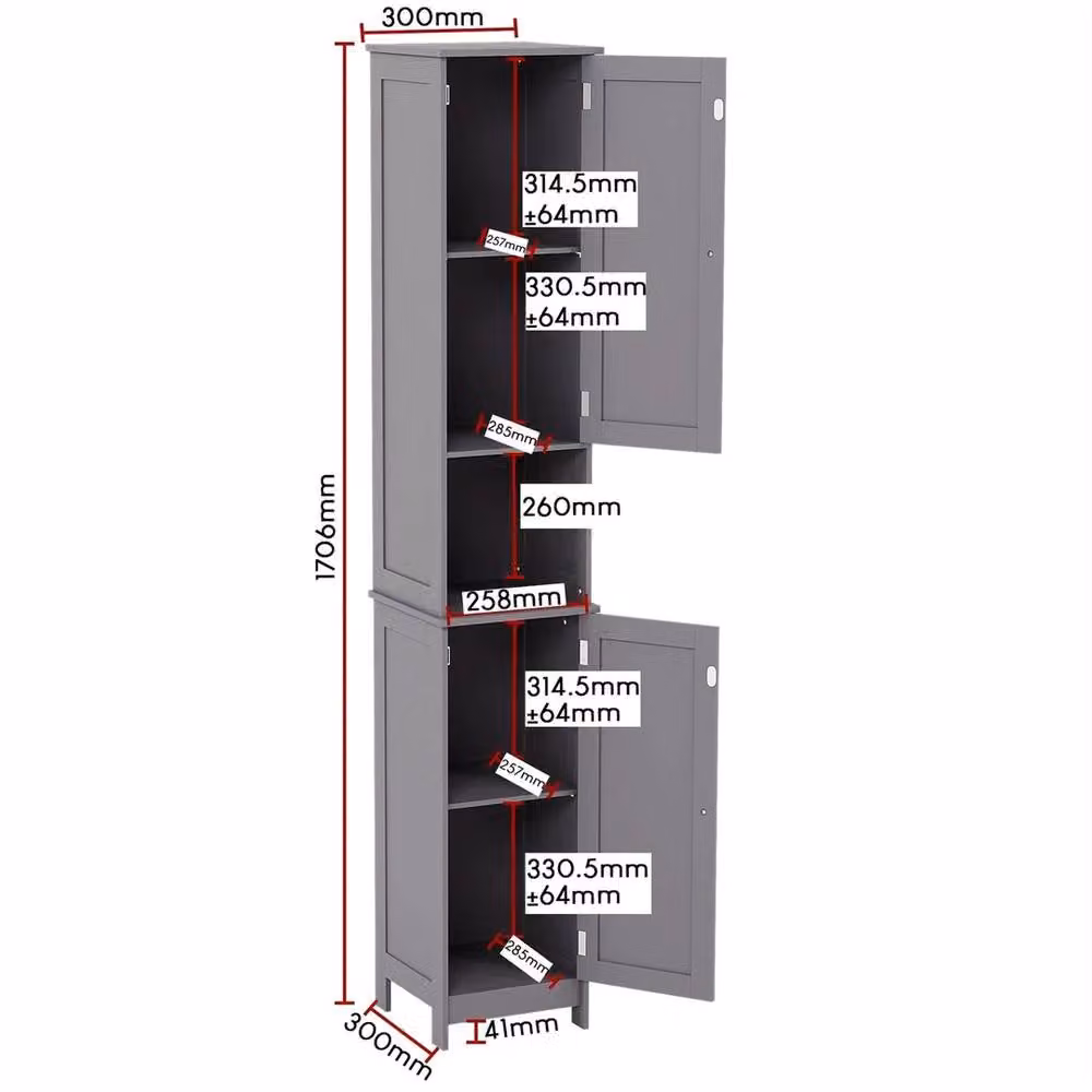 VOGREX Tall Double Door Bathroom Storage Cabinet in Matt Grey, H 170.6 cm x W 30.0 cm – 2