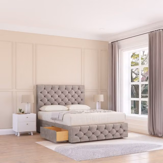 Sloomy Watson Chesterfield Divan Bed Base with 2 Drawers and Headboard, Stone, W/D/H: 90 x 200 cm