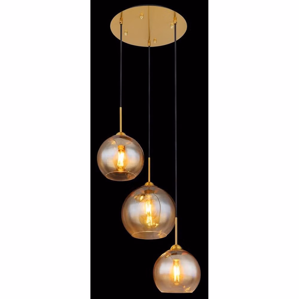Netlighting Jamessa Cluster Pendant Light with Amber Glass Shades and Brass Finish, 3x E27 – 2