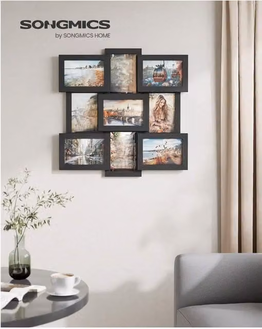 SONGMICS 9-Photo Collage Wall Frame for 4x6 Pictures, Black Wood
