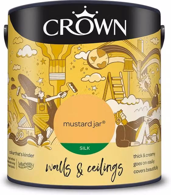 Crown Walls and Ceilings Silk Emulsion in Mustard Jar, Yellow, 2.5l