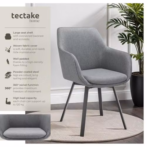 tectake Set of 2 Alicon 360 Swivel Dining Chairs in Anthracite Grey with Fabric Upholstery and Metal Legs – 4