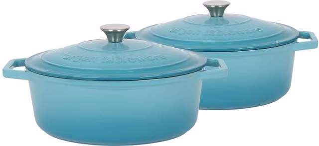 Argon Tableware 2x Oval Cast Iron Casserole Dishes with Self Basting Lids in Petrol Blue, 4.68L