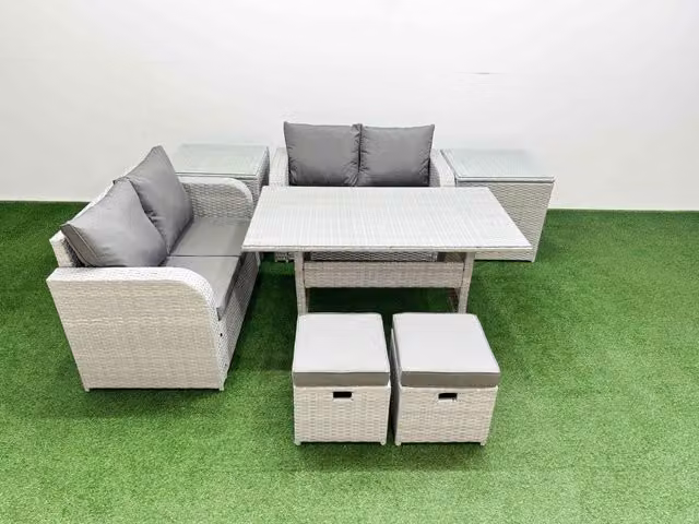 Fimous 6 Seater Rattan Garden Furniture Set with Rectangular Dining Table, 2 Small Stools and 2 Side Tables in Light Grey